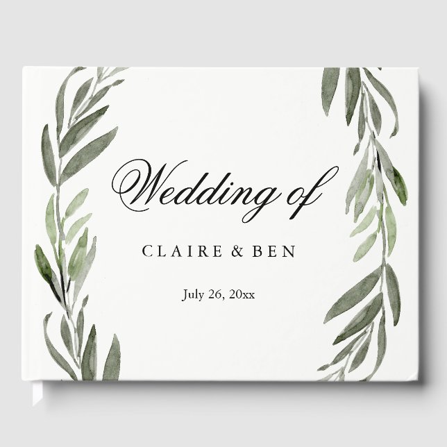 Modern Watercolor Green Leaf Wedding Guestbook (Front)