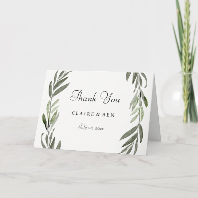 Modern Watercolor Green Leaf Wedding Thank You Card (Front)
