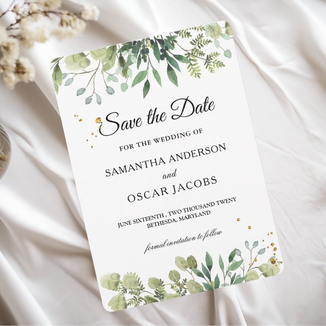 Modern Watercolor Green Leaves Branch Save The Date (Creator Uploaded)