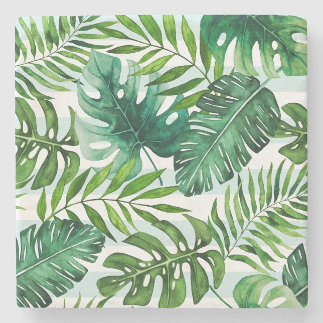 Modern Watercolor Green Leaves Tropical Stone Coaster (Front)