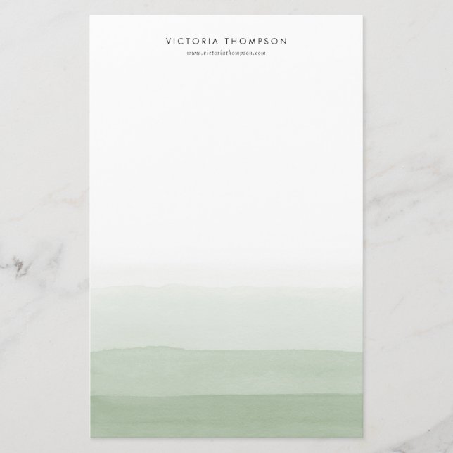 Modern Watercolor Green Ombre Personalized Stationery (Front)