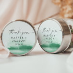 Modern Watercolor | Green Thank You Wedding Favour Classic Round Sticker<br><div class="desc">These modern watercolor green thank you wedding favour stickers are perfect for a stylish contemporary wedding reception. The minimalist, classic and elegant design collection features simple water colour paint brush strokes in pretty jewel tones. Personalize the sticker labels with your names, the event (if applicable), and the date. These stickers...</div>