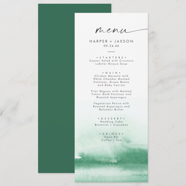 Modern Watercolor | Green Wedding Dinner Menu (Front/Back)