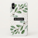 Modern Watercolor Greenery and Gold Case-Mate iPhone Case<br><div class="desc">This trendy and stylish case features botanical watercolor green leaves,  with faux gold accents. There is a modern black frame in the centre,  with your name or monogram in white. A fashionable and elegant design.</div>