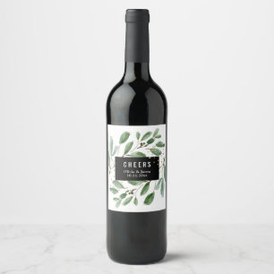 Modern Watercolor Greenery and Gold Cheers Wine Label