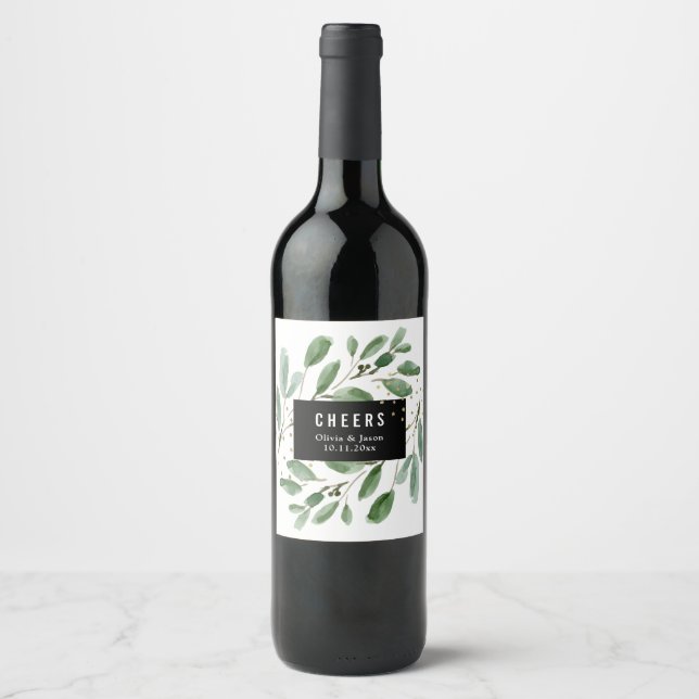 Modern Watercolor Greenery and Gold | Cheers Wine Label (Front)