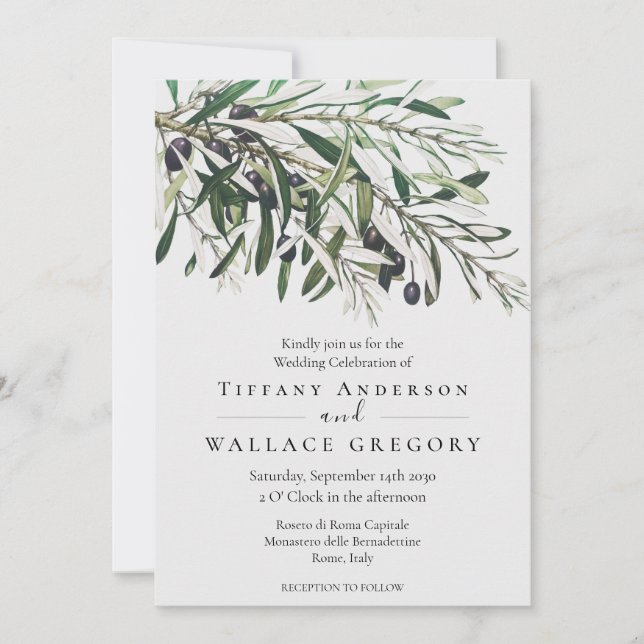 Modern Watercolor Greenery Botanical Olive Tree Invitation (Front)