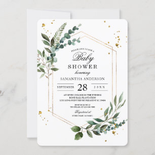 Modern Watercolor Greenery Eucalyptus Gold Frame Invitation