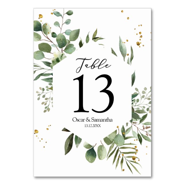 Modern Watercolor Greenery Eucalyptus Green Frame  Table Number (Front)