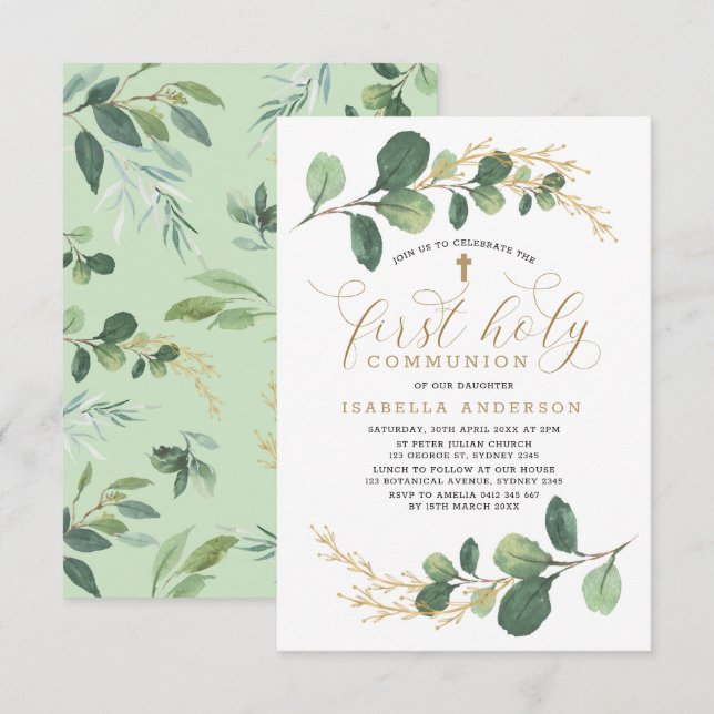 Modern Watercolor Greenery First Holy Communion Invitation (Front/Back)