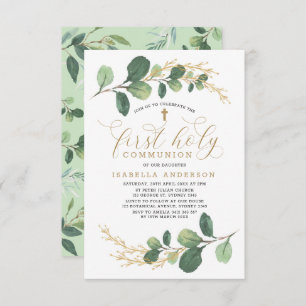 Modern Watercolor Greenery First Holy Communion Invitation