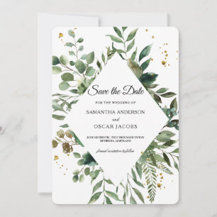 Modern Watercolor Greenery Frame & Gold Dots Save The Date