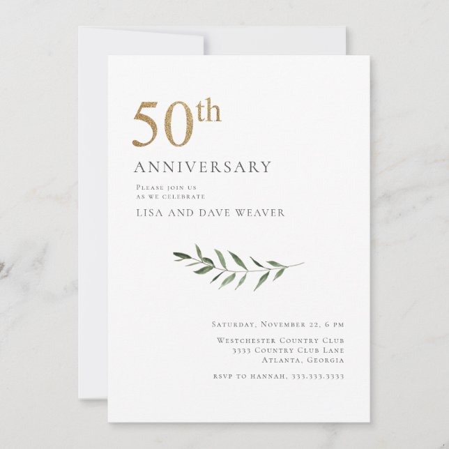 Modern Watercolor Greenery Gold 50th Anniversary Invitation (Front)