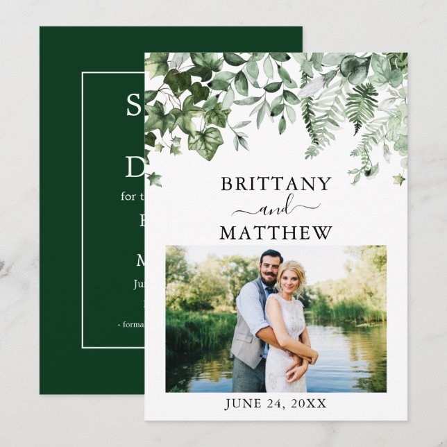 Modern Watercolor Greenery Ivy Sage Photo  Save The Date (Front/Back)