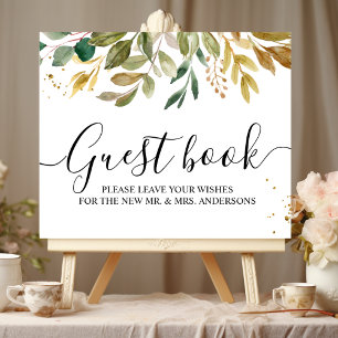 Modern Watercolor Greenery Leaf & Gold Drops Poster