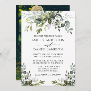 Modern Watercolor Greenery Photo Back Wedding  Invitation