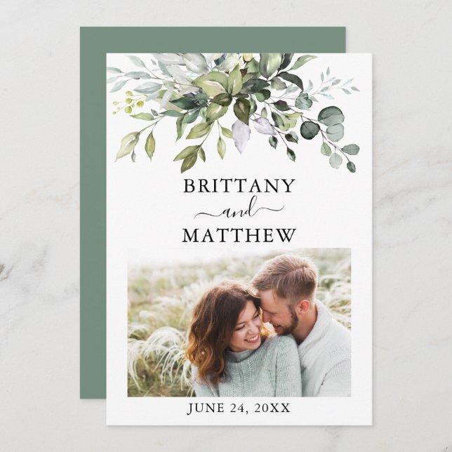 Modern Watercolor Greenery Photo Sage Green Save The Date (Front/Back)