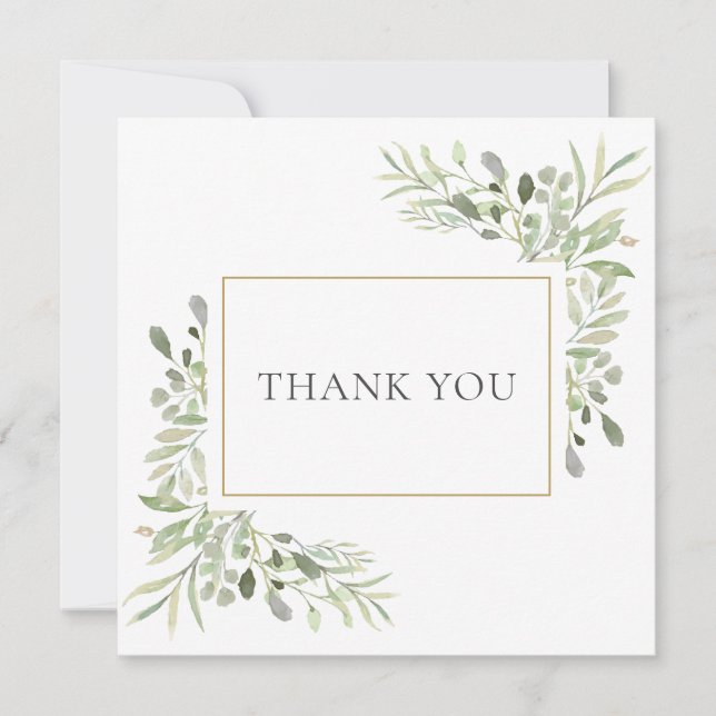 Modern Watercolor Greenery Square Thank You Card (Front)