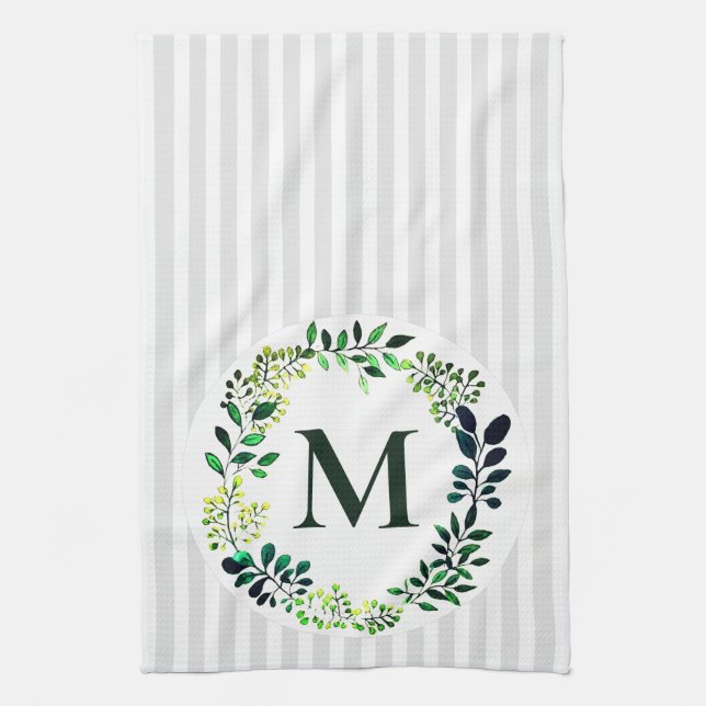 Modern Watercolor Greenery & Stripes | Monogrammed Kitchen Towel (Vertical)