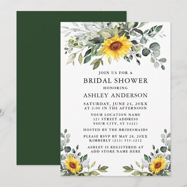 Modern Watercolor Greenery Sunflower Bridal Shower Invitation (Front/Back)
