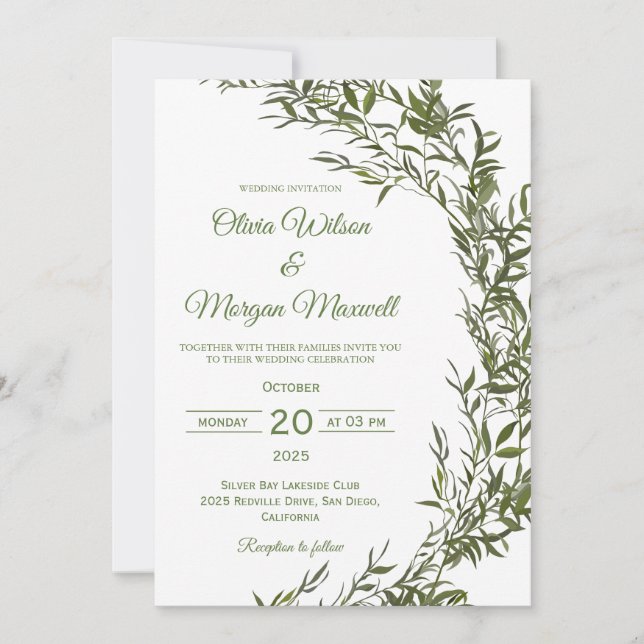Modern Watercolor Greenery Wedding Invitation (Front)
