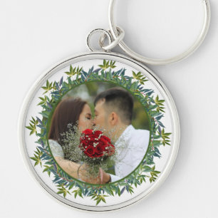 Modern Watercolor Greenery Wedding photo Keychain
