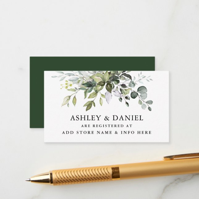 Modern Watercolor Greenery Wedding Registry Enclosure Card (Front/Back In Situ)