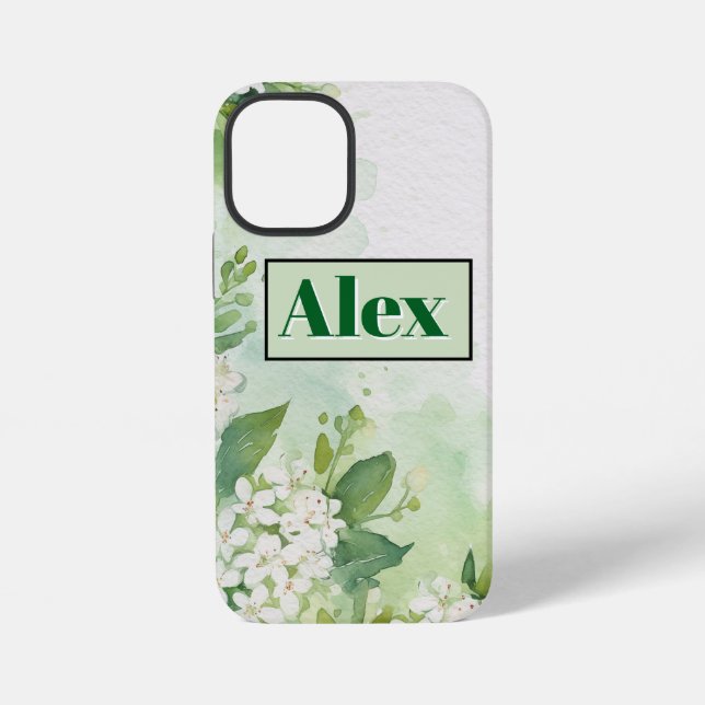 Modern Watercolor Greeny Flowers & personalize iPhone Case (Back)
