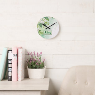 Modern Watercolor Greeny Flowers & personalize Round Clock