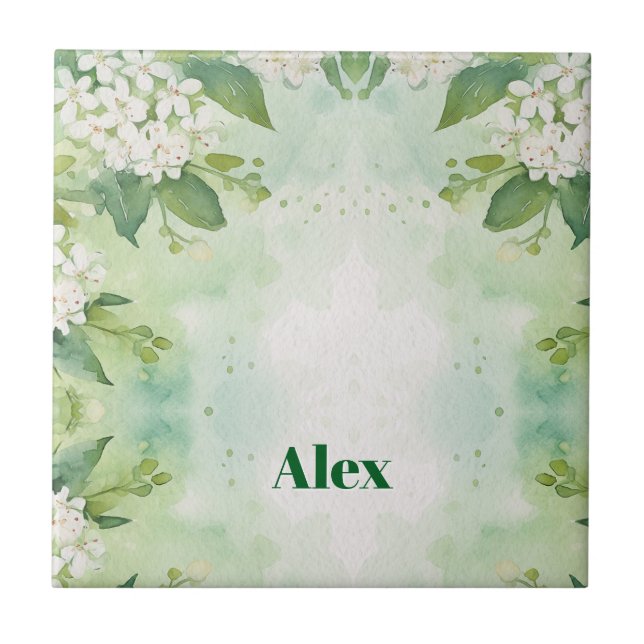 Modern Watercolor Greeny Flowers & personalize Tile (Front)