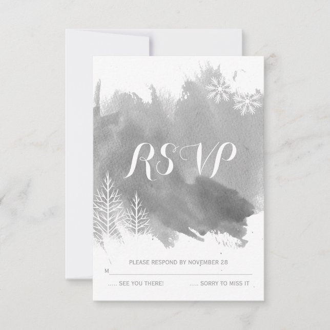 Modern watercolor grey winter wedding RSVP reply Card (Front)
