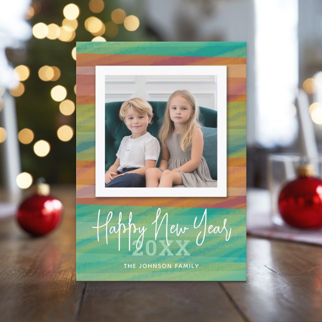 Modern Watercolor Happy New Year Holiday Photo (Custom Holiday Photo Greeting Card)