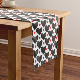 Modern watercolor  Heart White Black Pattern Short Table Runner