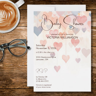 Modern Watercolor Hearts Baby Shower  Invitation