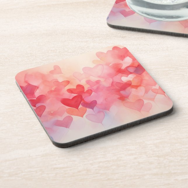 Modern Watercolor Hearts Pattern Red Orange Coaster (Left Side)