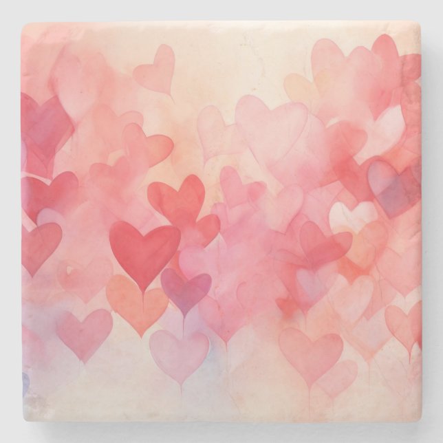 Modern Watercolor Hearts Pattern Red Orange Stone Coaster (Front)