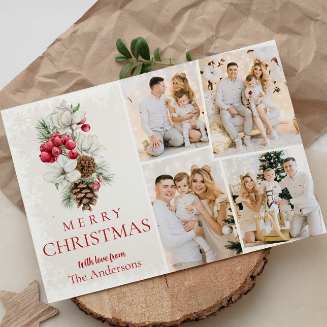 Modern Watercolor Holiday Photo Collage Christmas  Card (Creator Uploaded)