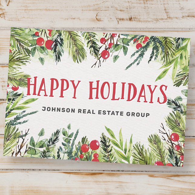 Modern Watercolor Holly Foliage and Berries Holiday Card (Creator Uploaded)