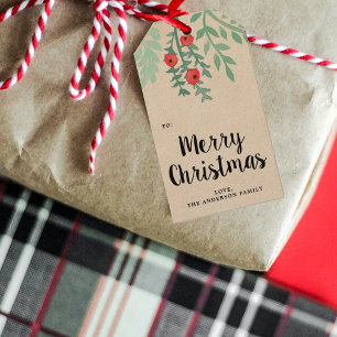 Modern Watercolor Holly Merry Christmas Gift Tags