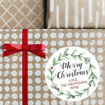 Modern Watercolor Holly Wreath Christmas Classic Round Sticker<br><div class="desc">Send out this year's holiday greetings in style with these unique and modern holiday stickers. The design features a festive watercolor holly wreath with "Merry Christmas" script wording. These stickers can be used as envelope seals, Christmas gift tags, holiday party favour stickers, and much, much more! Easily add your custom...</div>