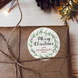 Modern Watercolor Holly Wreath Christmas Classic Round Sticker