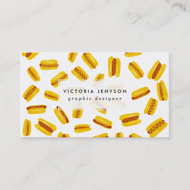 Modern watercolor hot dog food pattern business card (Front)