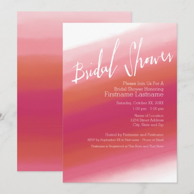 Modern Watercolor Hot Pink & Orange Bridal Shower Invitation (Front/Back)