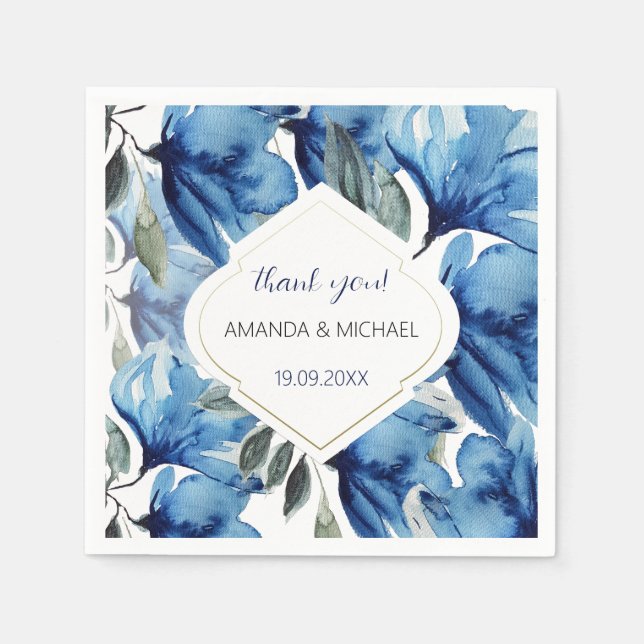 Modern Watercolor Indigo Blue Floral Napkin (Front)