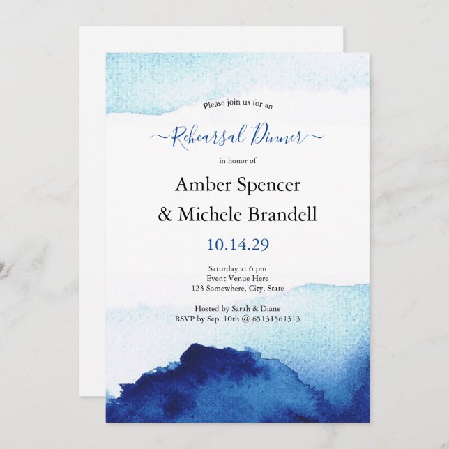 Modern Watercolor Indigo Blue Rehearsal Dinner Invitation (Front/Back)