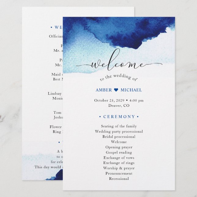 Modern Watercolor Indigo Blue Wedding Program (Front/Back)