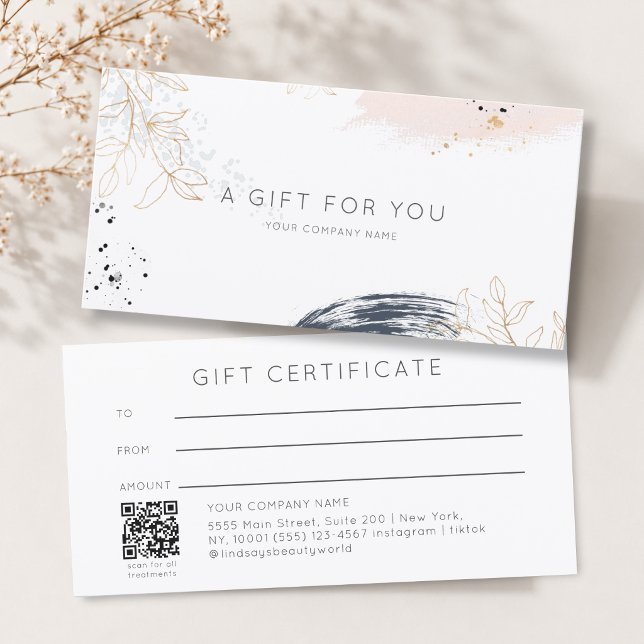 Modern Watercolor Ink QR Code Gift Certficate (Modern Watercolor Ink White QR Code Gift Certficate Blue Blush Gold )