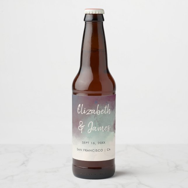 Modern Watercolor Jewel Tones Boho Wedding Beer Bottle Label (Front)