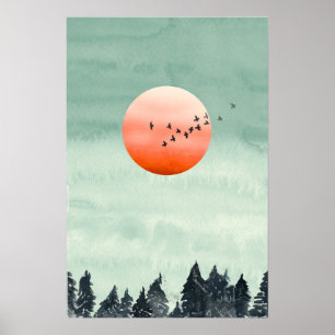 Modern Watercolor Landscape Sunset Birds Trees Po Poster