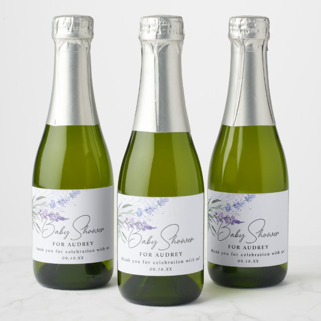 Modern Watercolor Lavender Baby Shower Favour Sparkling Wine Label (Bottles)